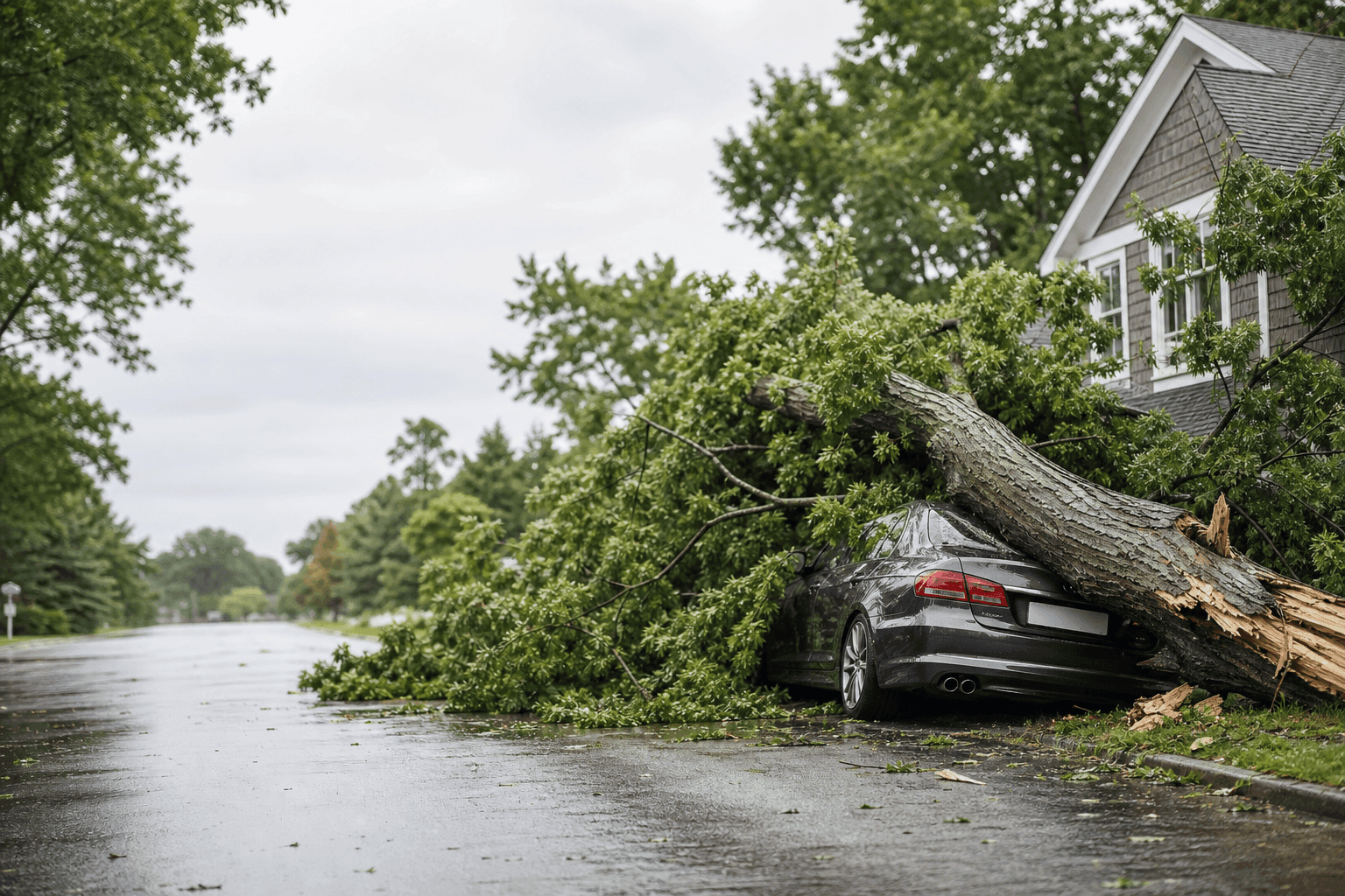 Storm-damaged trees across a property in the early hours of a response