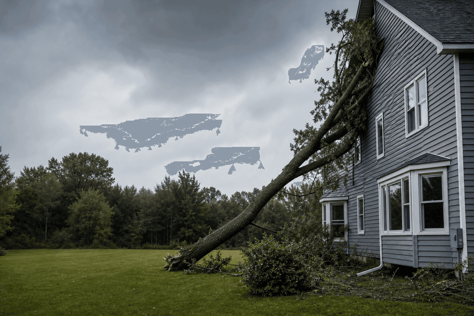 Storm-damaged tree across a residential property